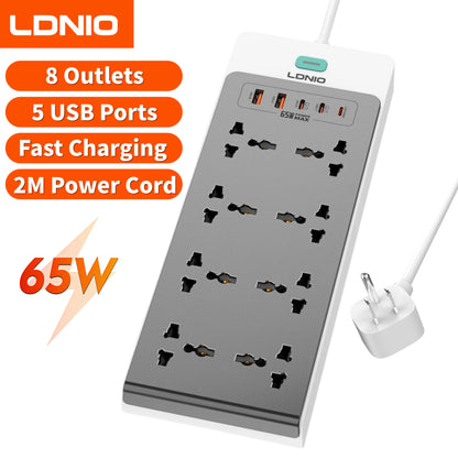 13-in-1 65W Power Strip Surge Protector LDNIO With 8 Universal AC Outlets PD USB C QC USB A Desktop Fast Charging Station 2500W