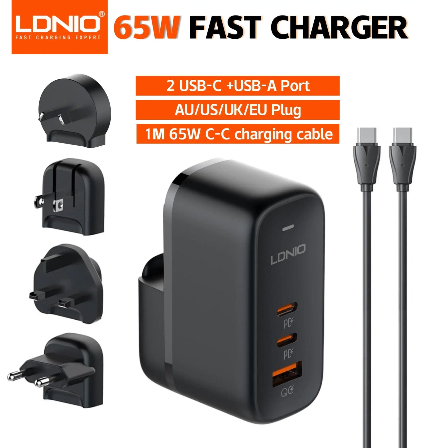 LDNIO GaN 65W USB C Charger Travel Charger PD QC Wall Charger 3 Port International Plug Adapter EU UK US AU Travel Plug Adapter