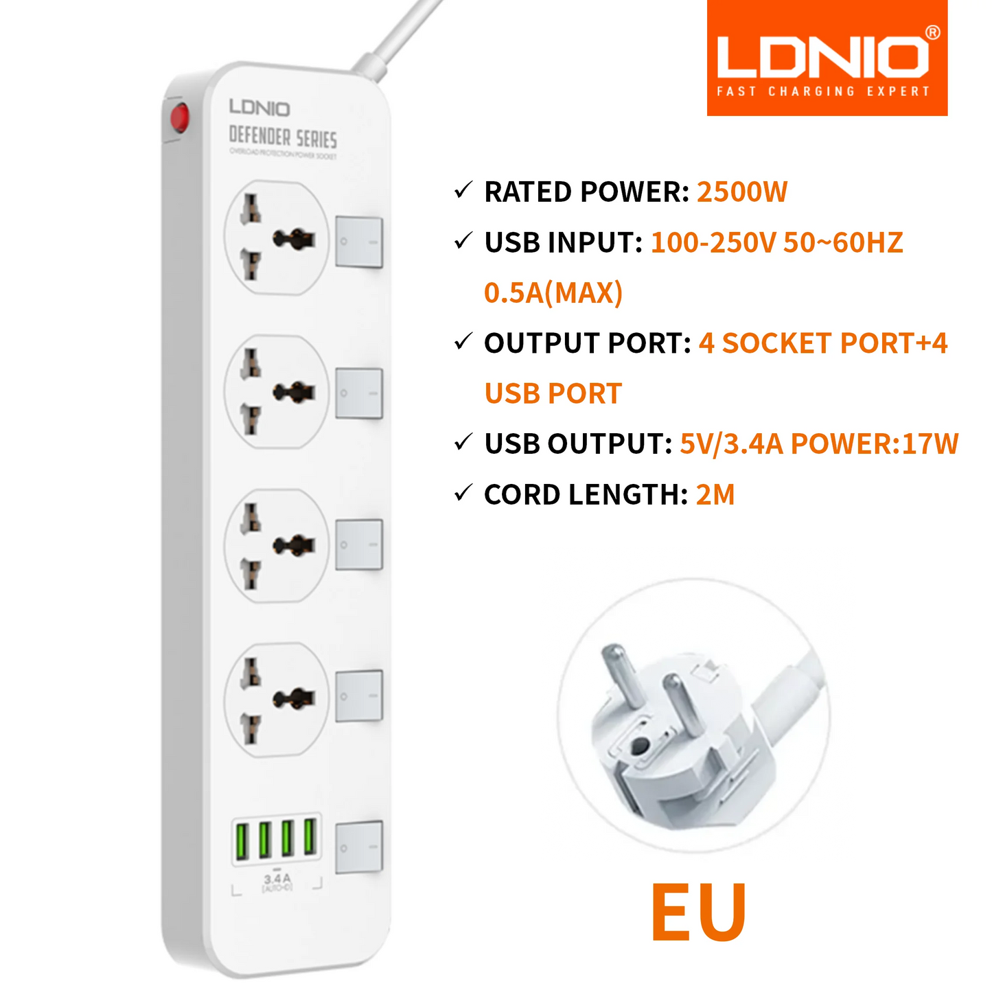 LDNIO Power Socket 4 Outlets 4 Usb Charging Ports UniversalPower Strip Switched With 2M Wall Mountable for Home And Office