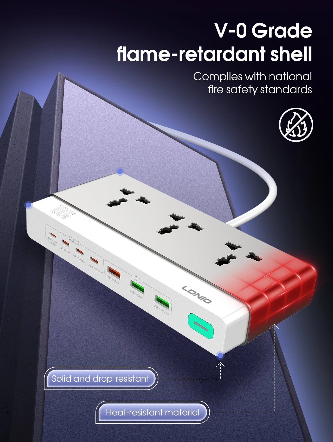 LDNIO 100W Travel Power Strip 3 AC Outlets 5 USB Ports Type C 2M  Power Extension Multi Socket 2500W with Switch for Home office