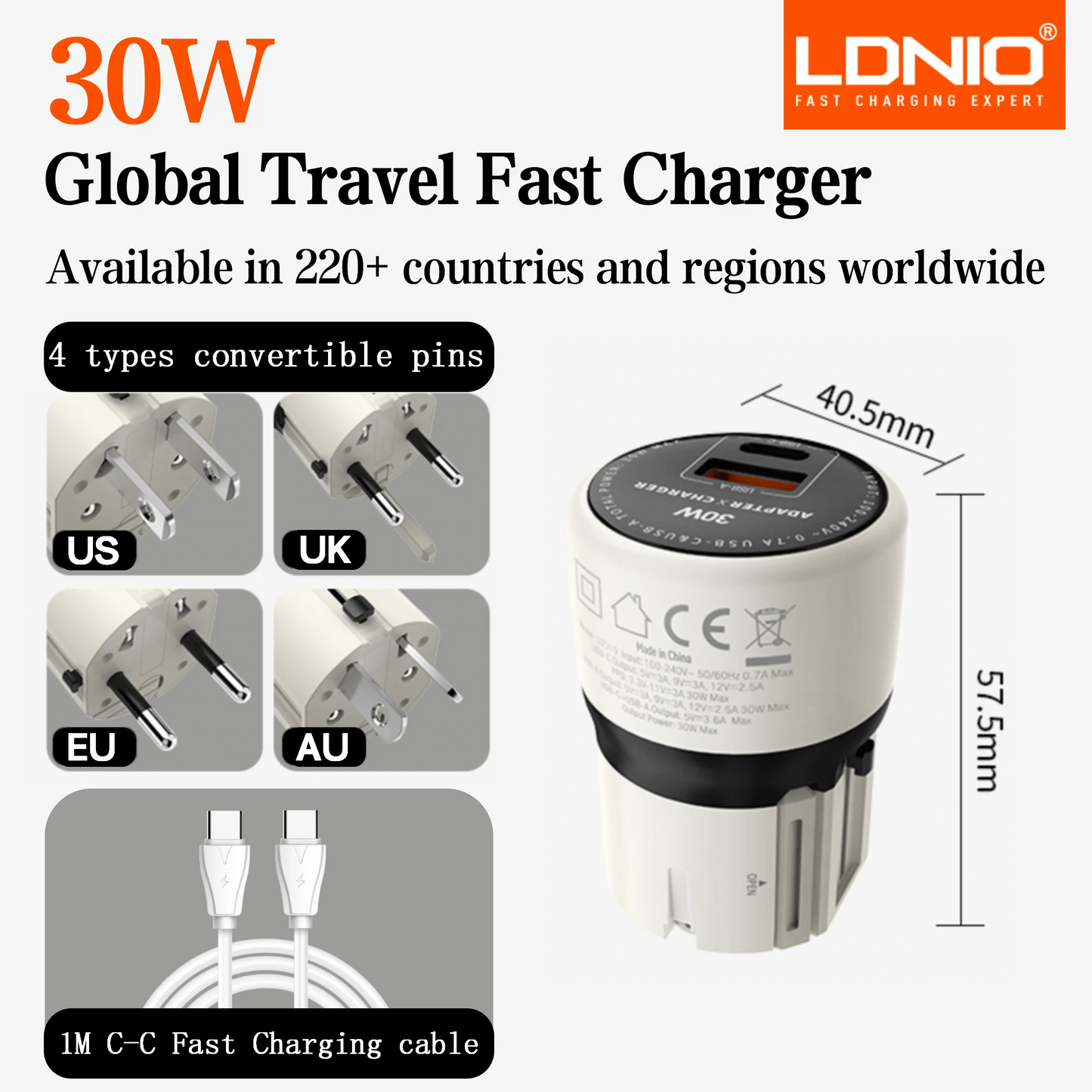 LDNIO PD45W All-in-one Universal Travel Adapter Mobile Phone Fast Charger UK EU US AU Plug Adapter for iPad iphone 16/15/14