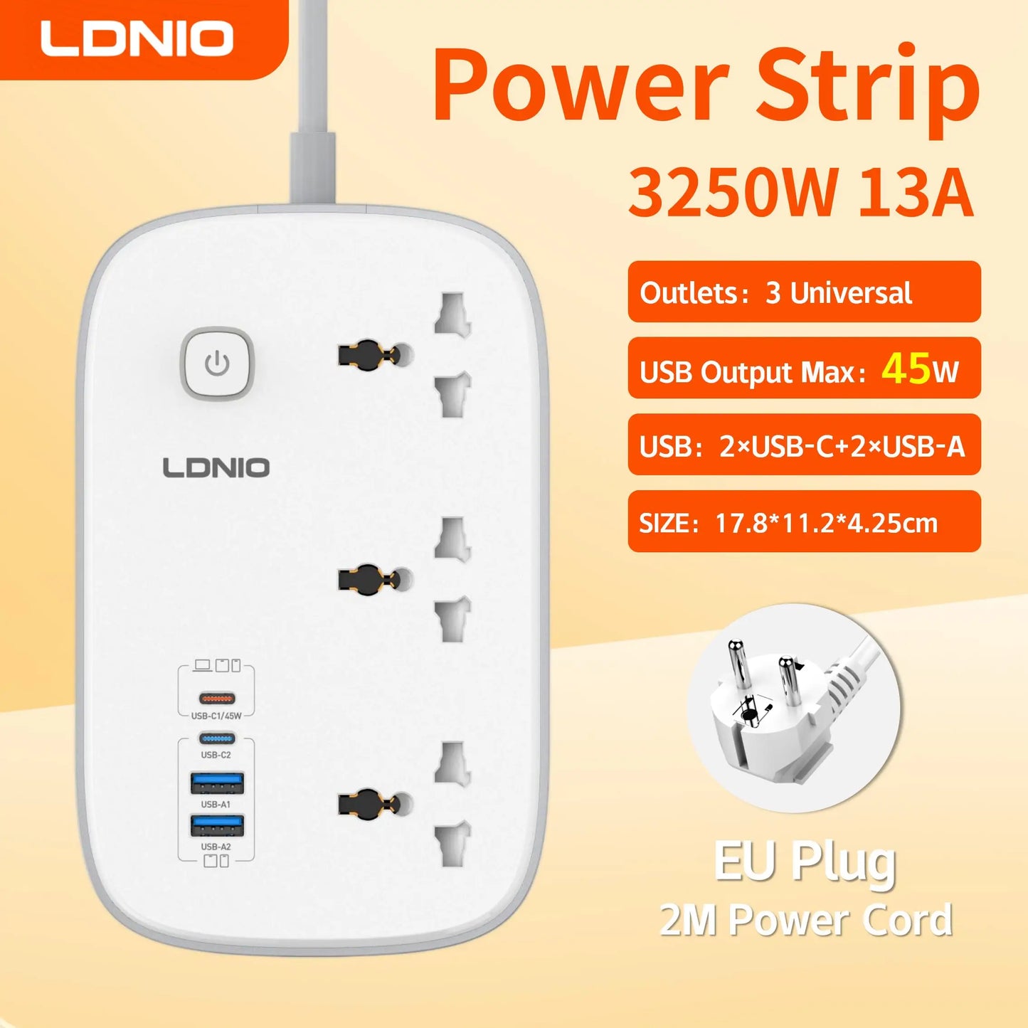 LDNIO EU Plug Power Strip 3 Outlet with 65W 4 USB C Port Electrical Socket Universal Outlet Home Office Adapter Surge Protector