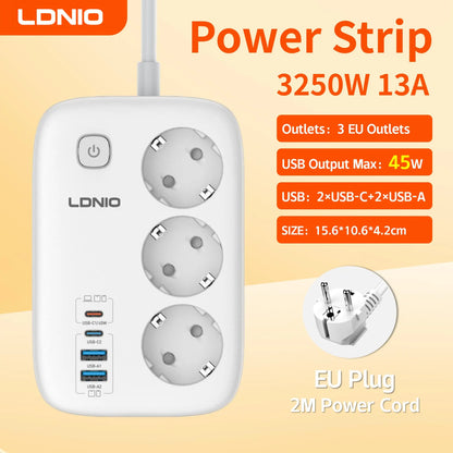 LDNIO EU Plug Power Strip 3 Outlet with 65W 4 USB C Port Electrical Socket Universal Outlet Home Office Adapter Surge Protector