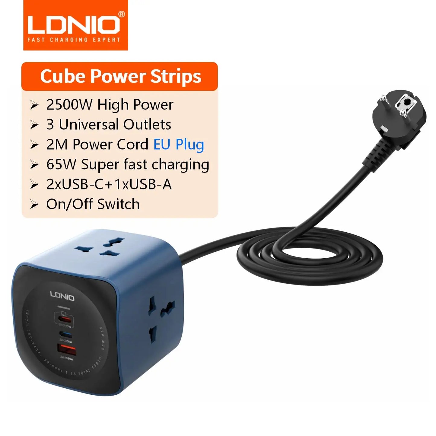 LDNIO 4 EU Outlet Power Cube, Expandable 3680W High Voltage Power Strip No Cable EU Plug Power Adapter for Office, Home, Kitchen