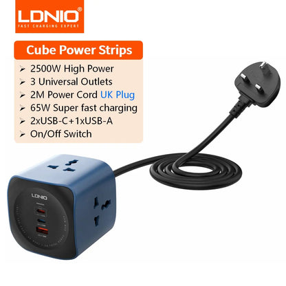 LDNIO cube power strip 65W with surge protection 2M extension cord  multiple outlets EU/UK/US plugs USB C Ports Fast Charging