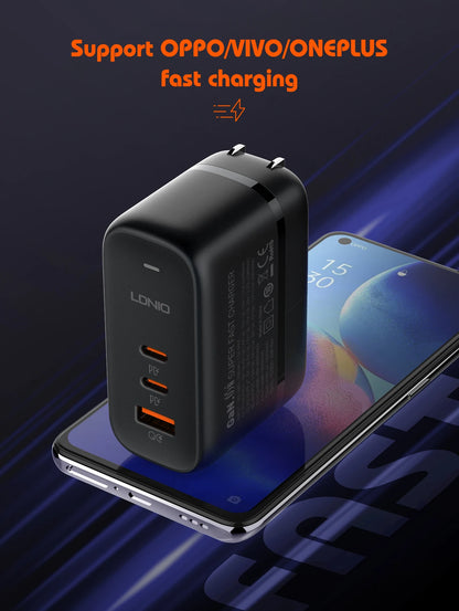 LDNIO GaN 65W USB C Charger Travel Charger PD QC Wall Charger 3 Port International Plug Adapter EU UK US AU Travel Plug Adapter