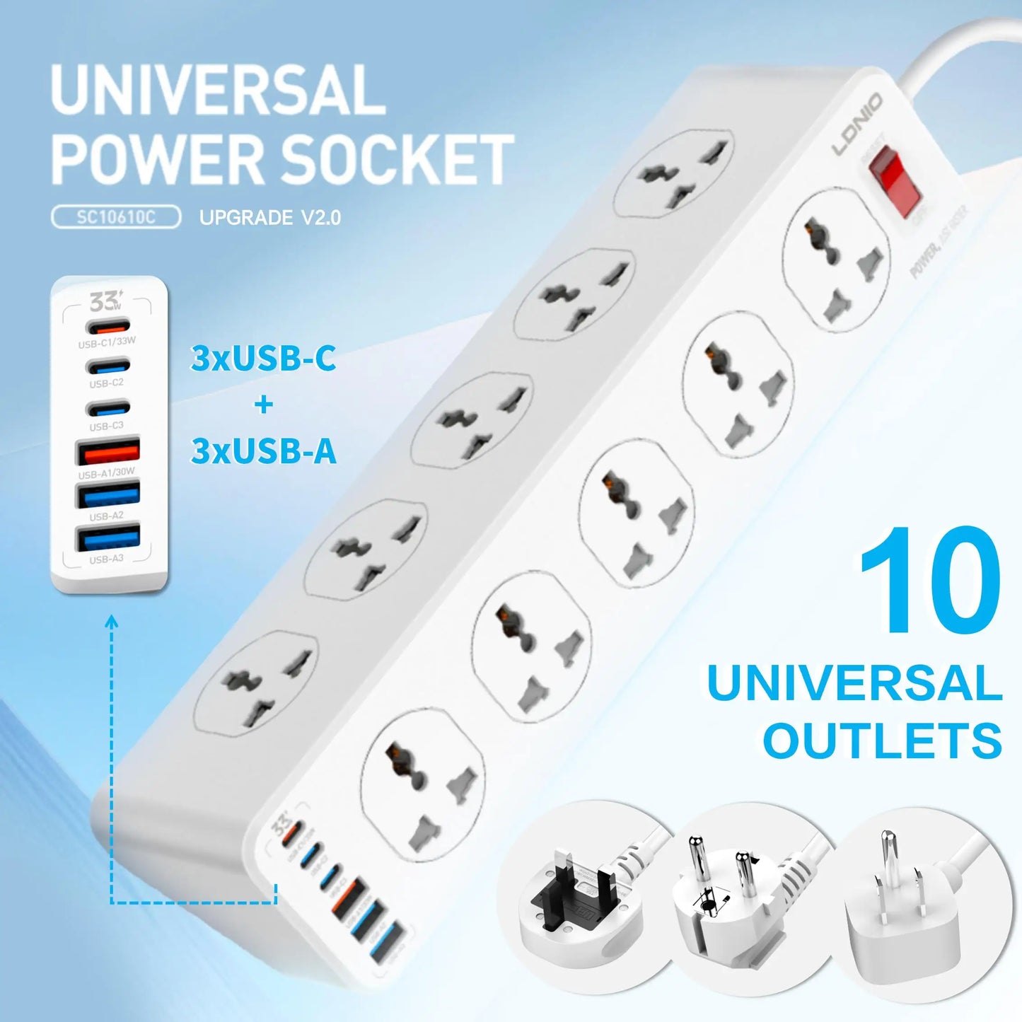 LDNIO 10 AC Outlets Power Strip Electrical Sockets with 33W USB C Charging Ports 2M Extension Cord Surge Protector UK US EU Plug
