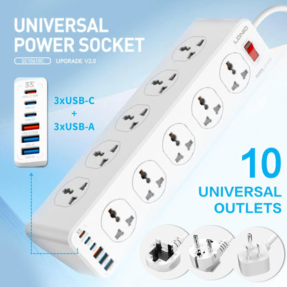 LDNIO 10 AC Outlets Power Strip Electrical Sockets with 33W USB C Charging Ports 2M Extension Cord Surge Protector UK US EU Plug