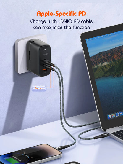LDNIO GaN 65W USB C Charger Travel Charger PD QC Wall Charger 3 Port International Plug Adapter EU UK US AU Travel Plug Adapter
