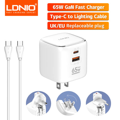 LDNIO 65W Travel Charger Dual USB C Ports International Universal Travel Adapter European Charger with Foldable USA UK EU Plug