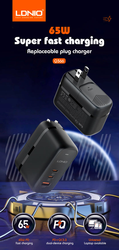 LDNIO GaN 65W USB C Charger Travel Charger PD QC Wall Charger 3 Port International Plug Adapter EU UK US AU Travel Plug Adapter