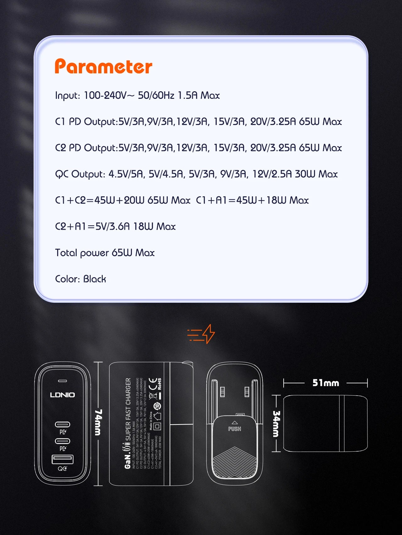 LDNIO GaN 65W USB C Charger Travel Charger PD QC Wall Charger 3 Port International Plug Adapter EU UK US AU Travel Plug Adapter