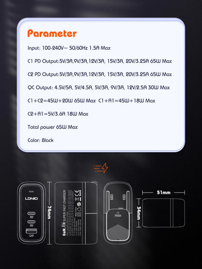 LDNIO GaN 65W USB C Charger Travel Charger PD QC Wall Charger 3 Port International Plug Adapter EU UK US AU Travel Plug Adapter