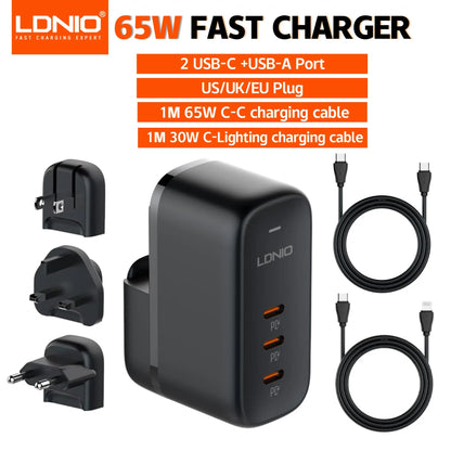 LDNIO GaN 65W USB C Charger Travel Charger PD QC Wall Charger 3 Port International Plug Adapter EU UK US AU Travel Plug Adapter