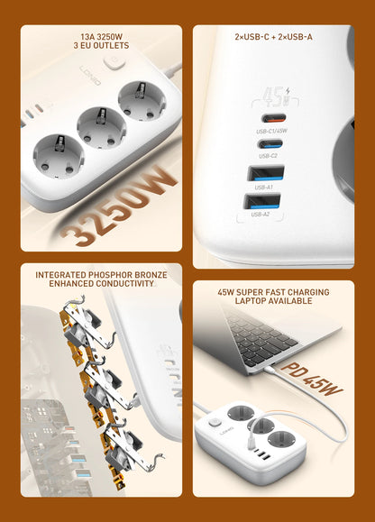 LDNIO EU Plug Power Strip 3 Outlet with 65W 4 USB C Port Electrical Socket Universal Outlet Home Office Adapter Surge Protector