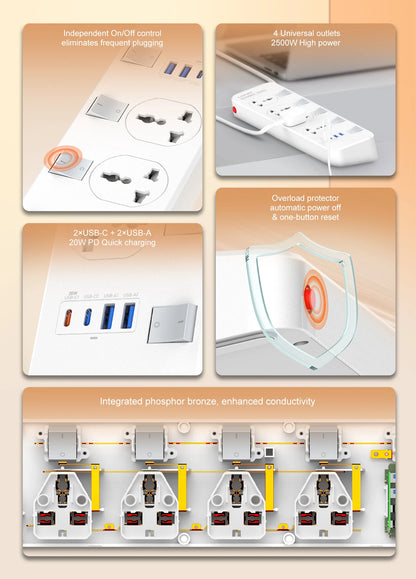 LDNIO Power Socket 4 Outlets 4 Usb Charging Ports UniversalPower Strip Switched With 2M Wall Mountable for Home And Office