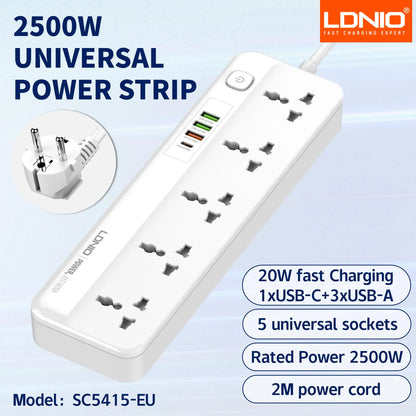 LDNIO USB C Universal Power Strip Multiprise with 6 USB Fast Charging Ports 5 AC Outlets Electrical Socket 2M Extension Cable