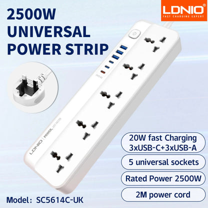 LDNIO USB C Universal Power Strip Multiprise with 6 USB Fast Charging Ports 5 AC Outlets Electrical Socket 2M Extension Cable