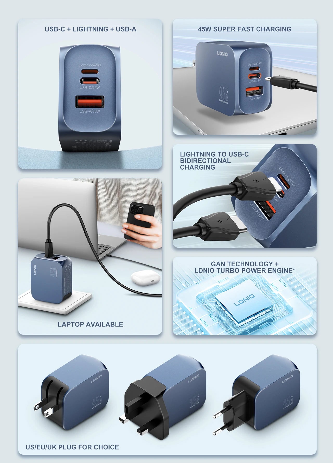 LDNIO Gan 100W Fast Charge Charger Type-C 65W 45W UK EU US Plug USB Multi-Port Fast Charging Station for MacBook iPhone Xiaomi