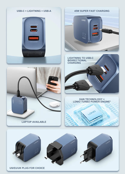 LDNIO Gan 100W Fast Charge Charger Type-C 65W 45W UK EU US Plug USB Multi-Port Fast Charging Station for MacBook iPhone Xiaomi