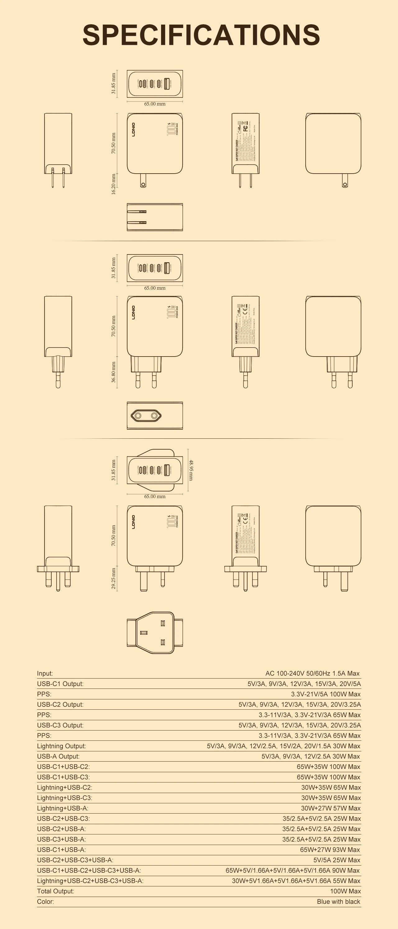 LDNIO Gan 100W Fast Charge Charger Type-C 65W 45W UK EU US Plug USB Multi-Port Fast Charging Station for MacBook iPhone Xiaomi