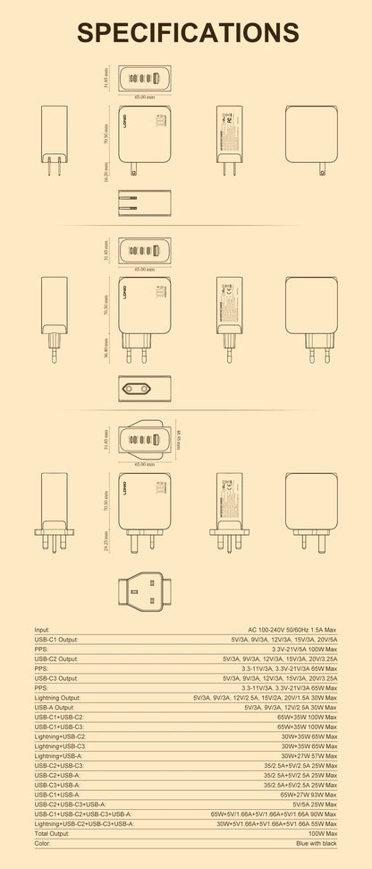 LDNIO Gan 100W Fast Charge Charger Type-C 65W 45W UK EU US Plug USB Multi-Port Fast Charging Station for MacBook iPhone Xiaomi