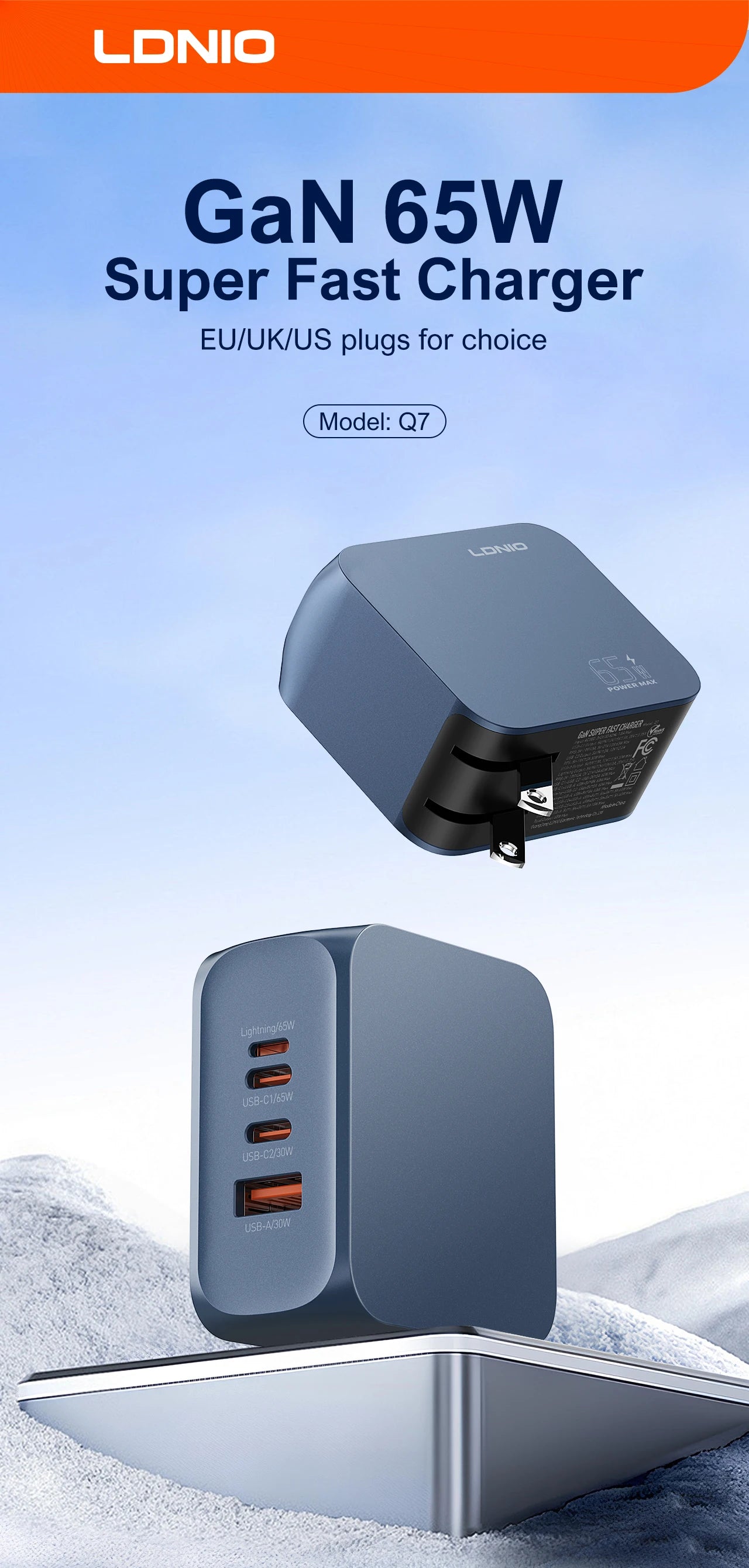 LDNIO Gan 100W Fast Charge Charger Type-C 65W 45W UK EU US Plug USB Multi-Port Fast Charging Station for MacBook iPhone Xiaomi