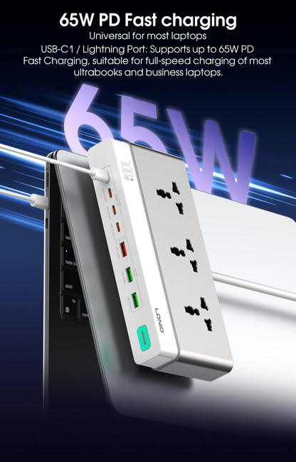 LDNIO Multiple Desktop Power Strip 3 AC Outlet Power Socket 65W Fast Charging PD QC USB-C USB-A 2M Power Cord EU UK US KR Plug