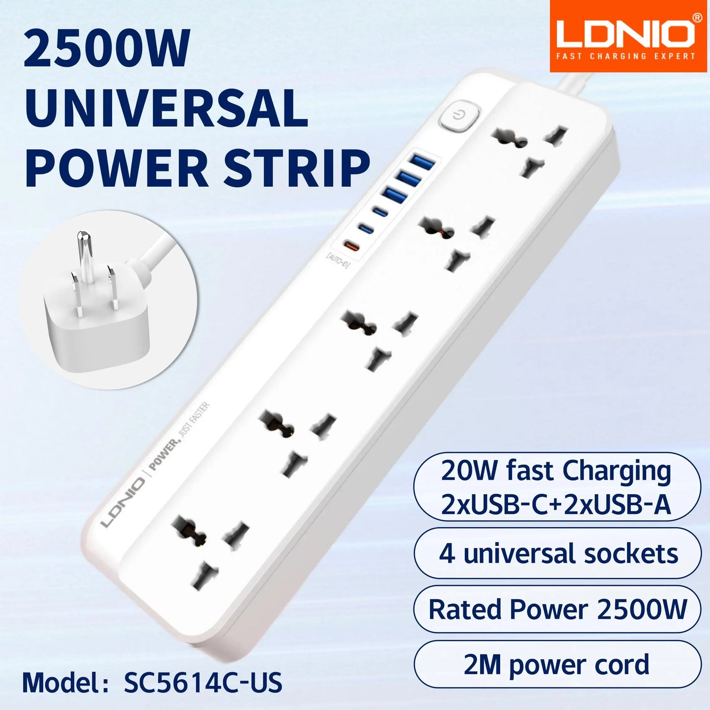 LDNIO USB C Universal Power Strip Multiprise with 6 USB Fast Charging Ports 5 AC Outlets Electrical Socket 2M Extension Cable
