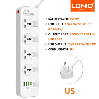LDNIO Power Socket 4 Outlets 4 Usb Charging Ports UniversalPower Strip Switched With 2M Wall Mountable for Home And Office