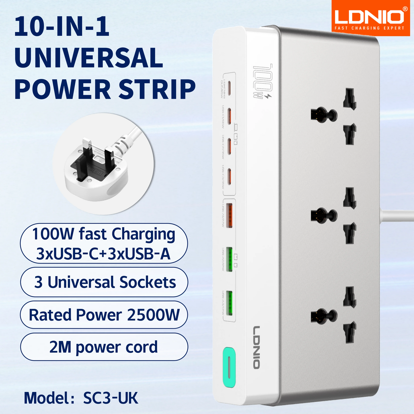 LDNIO Multiple Desktop Power Strip 3 AC Outlet Power Socket 65W Fast Charging PD QC USB-C USB-A 2M Power Cord EU UK US KR Plug