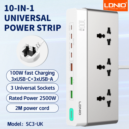 LDNIO Multiple Desktop Power Strip 3 AC Outlet Power Socket 65W Fast Charging PD QC USB-C USB-A 2M Power Cord EU UK US KR Plug
