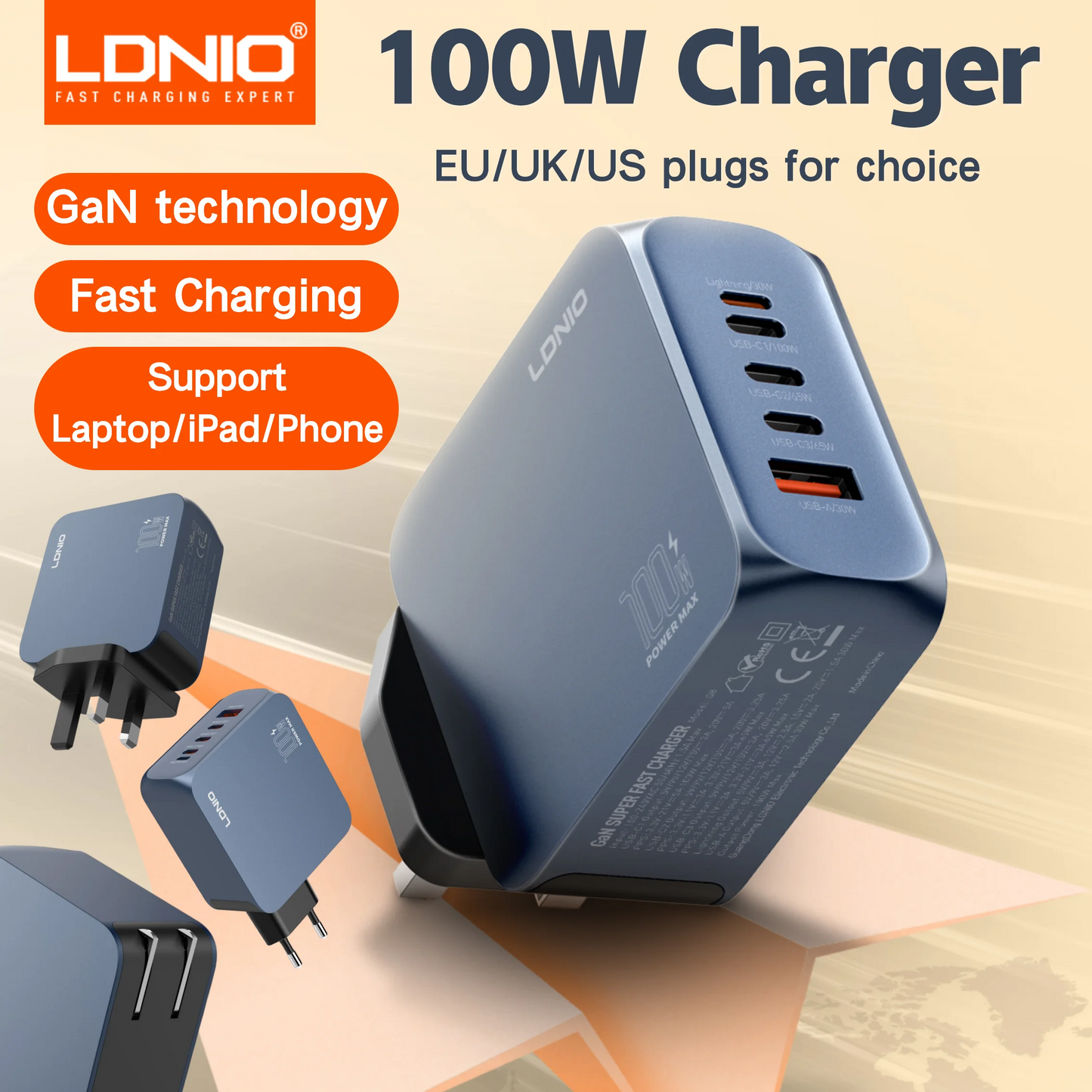 LDNIO GaN 100W USB C Charger 4 Port Compact Wall Charger Power Adapter For MacBook Pro/Air, iPad, iPhone 16 ,Galaxy ,Laptop