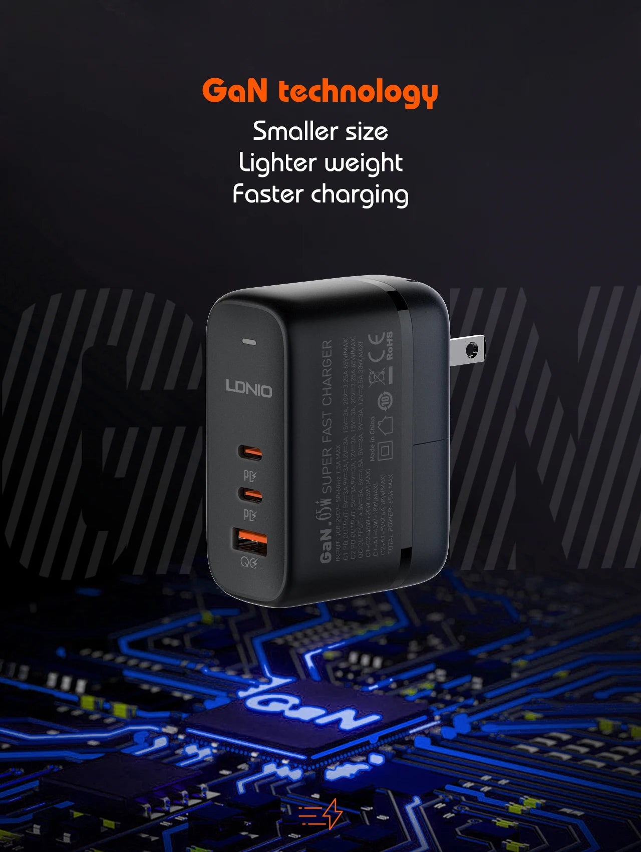 LDNIO GaN 65W USB C Charger Travel Charger PD QC Wall Charger 3 Port International Plug Adapter EU UK US AU Travel Plug Adapter