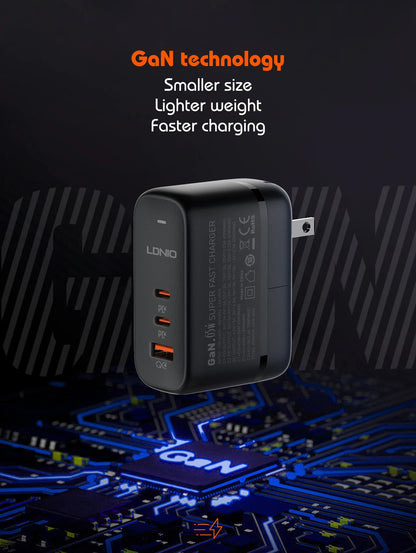 LDNIO GaN 65W USB C Charger Travel Charger PD QC Wall Charger 3 Port International Plug Adapter EU UK US AU Travel Plug Adapter