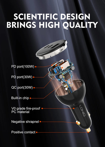 LDNIO 160W 3 Ports USB C Car Charger 3 in 1 100W 30W Fast Charging PD QC 3.0 with LDE Display For Laptop Mobile Cell Phone