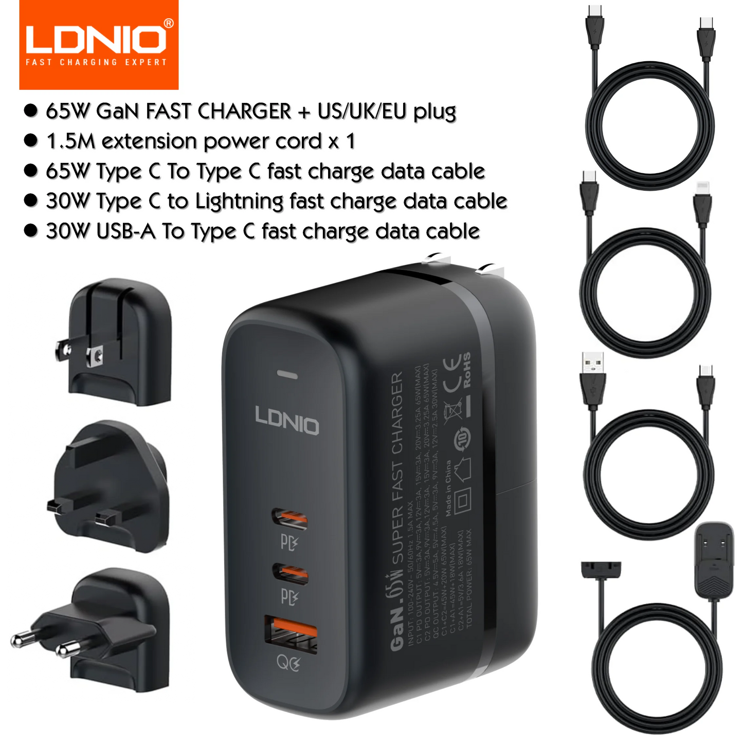 LDNIO 65W GaN USB Type C Multi Travel Power Adapter QC PD PPS SCP 45W Fast Wall Charging For iPhone 15 Galaxy iPad MacBook Air