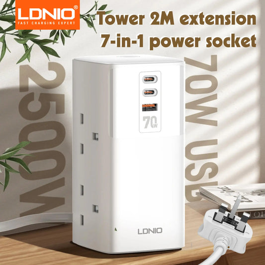 LDNIO Tower Power Strip Multi Outlets with 70W Type C 2M Extension Cable UK Plug Vertical Electric Socket Surge Protection