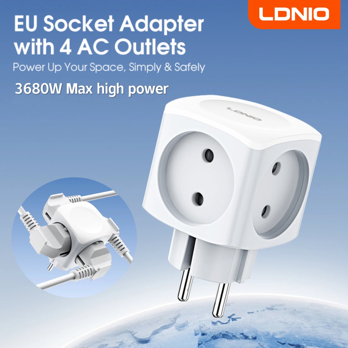 LDNIO 4 EU Outlet Power Cube, Expandable 3680W High Voltage Power Strip No Cable EU Plug Power Adapter for Office, Home, Kitchen