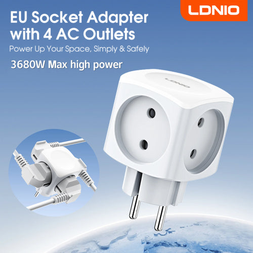 LDNIO 4 EU Outlet Power Cube, Expandable 3680W High Voltage Power Strip No Cable EU Plug Power Adapter for Office, Home, Kitchen