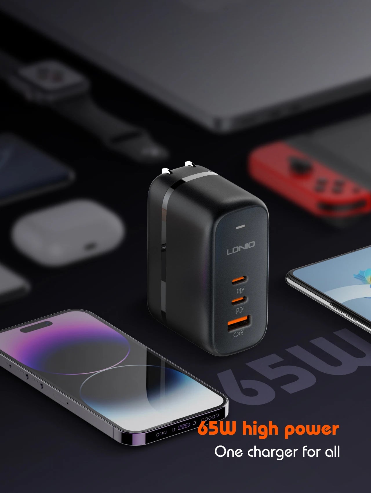 LDNIO GaN 65W USB C Charger Travel Charger PD QC Wall Charger 3 Port International Plug Adapter EU UK US AU Travel Plug Adapter