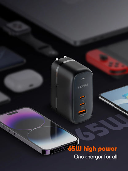 LDNIO GaN 65W USB C Charger Travel Charger PD QC Wall Charger 3 Port International Plug Adapter EU UK US AU Travel Plug Adapter