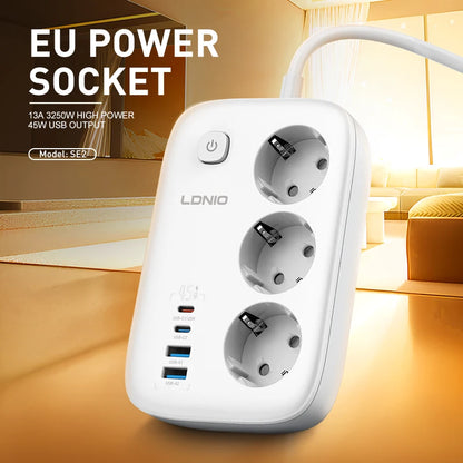 LDNIO EU Plug Power Strip 3 Outlet with 65W 4 USB C Port Electrical Socket Universal Outlet Home Office Adapter Surge Protector