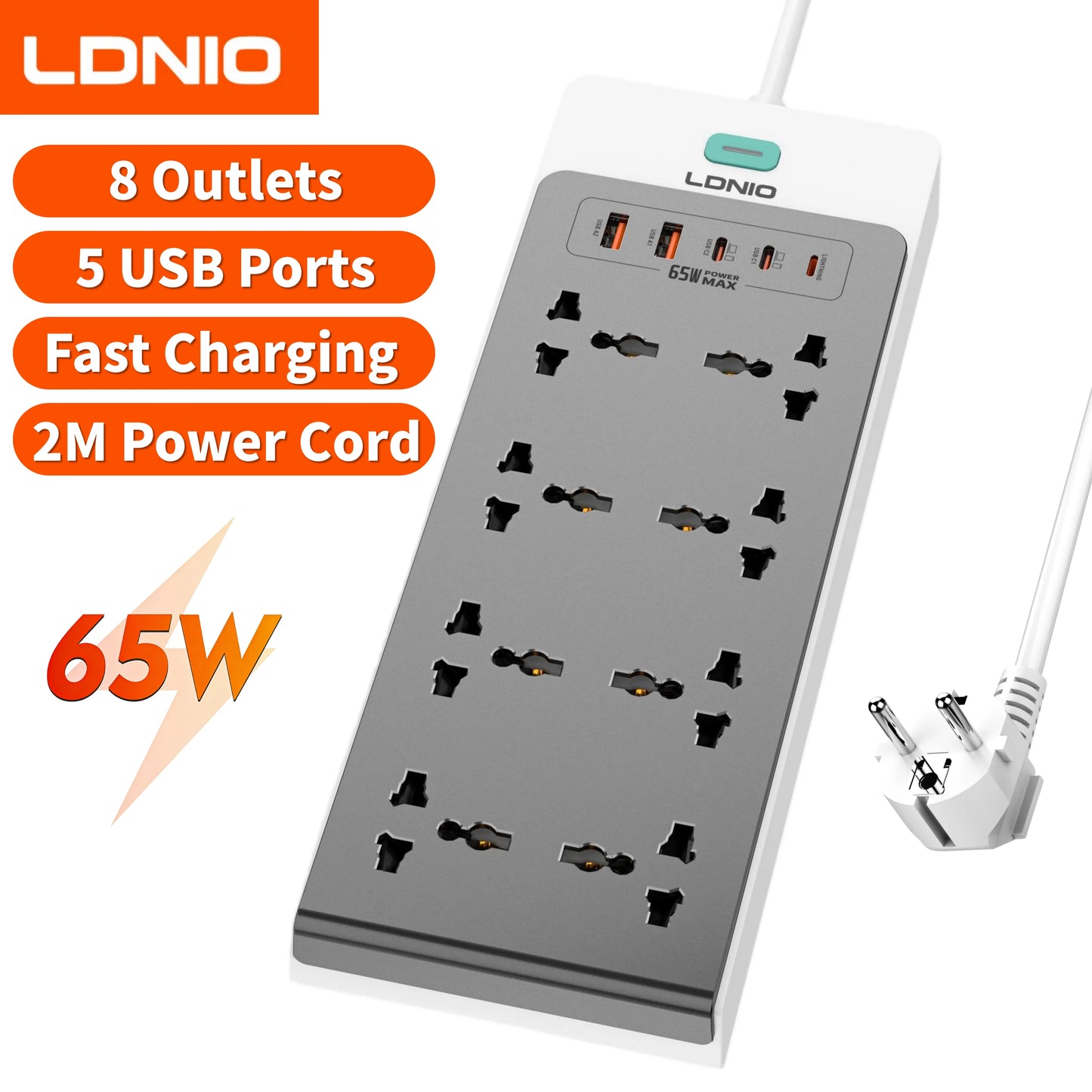 13-in-1 65W Power Strip Surge Protector LDNIO With 8 Universal AC Outlets PD USB C QC USB A Desktop Fast Charging Station 2500W