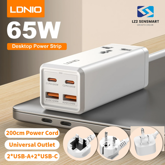 LDNIO GaN 65W Desktop Power Strip Type C Charger UK US EU KR plug PPS PD3.0 QC4.0 Quick Charger with 2M Extension Cord SC1418
