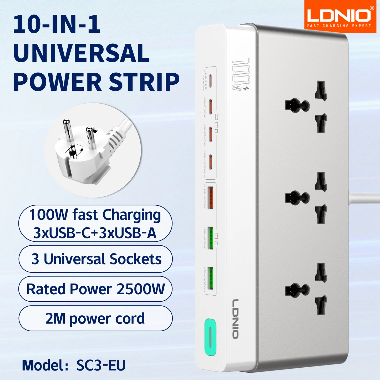 LDNIO Multiple Desktop Power Strip 3 AC Outlet Power Socket 65W Fast Charging PD QC USB-C USB-A 2M Power Cord EU UK US KR Plug