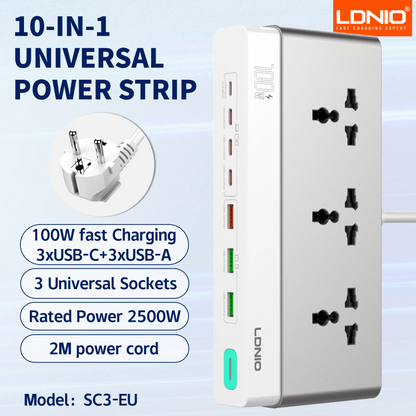 LDNIO Multiple Desktop Power Strip 3 AC Outlet Power Socket 65W Fast Charging PD QC USB-C USB-A 2M Power Cord EU UK US KR Plug