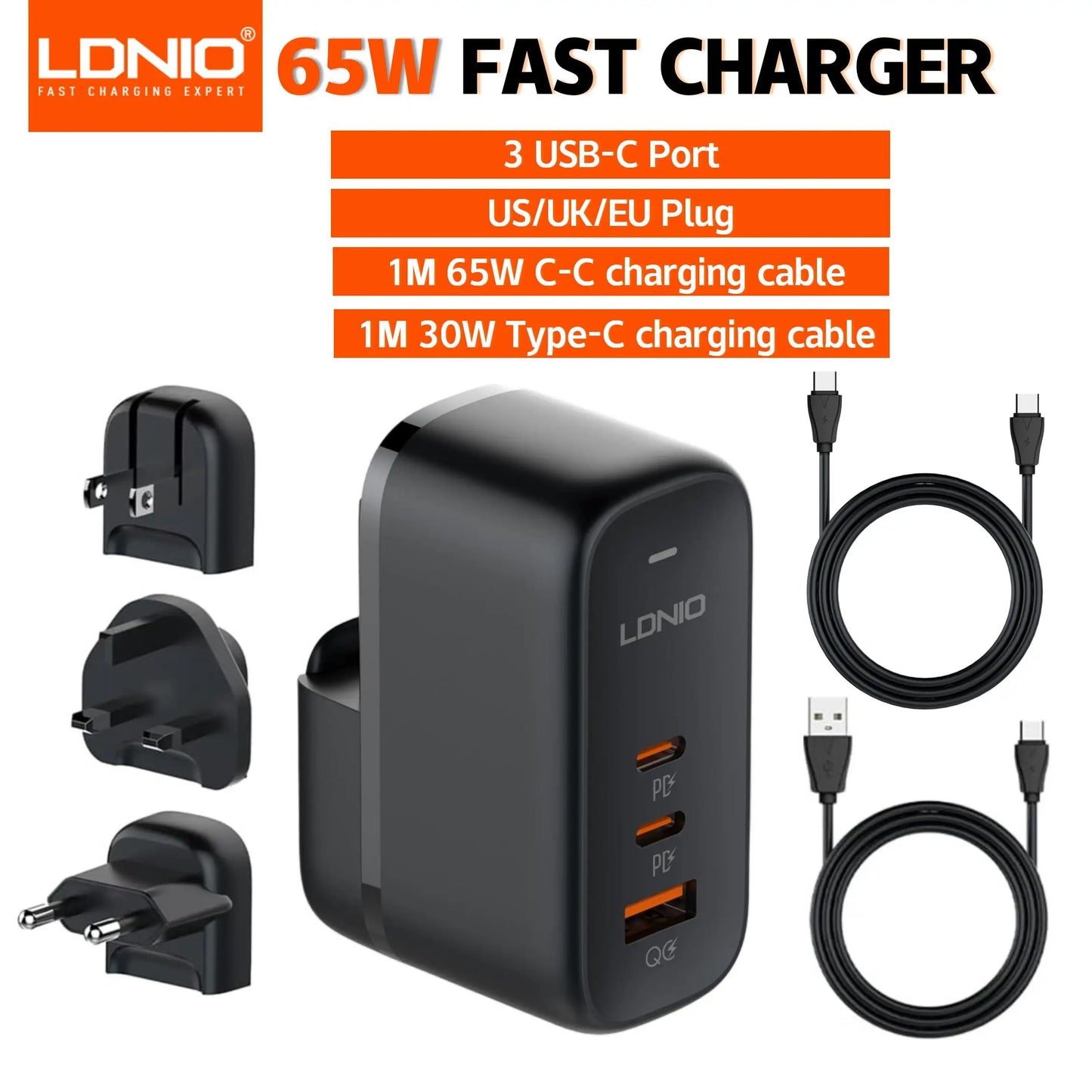 LDNIO GaN 65W USB C Charger Travel Charger PD QC Wall Charger 3 Port International Plug Adapter EU UK US AU Travel Plug Adapter