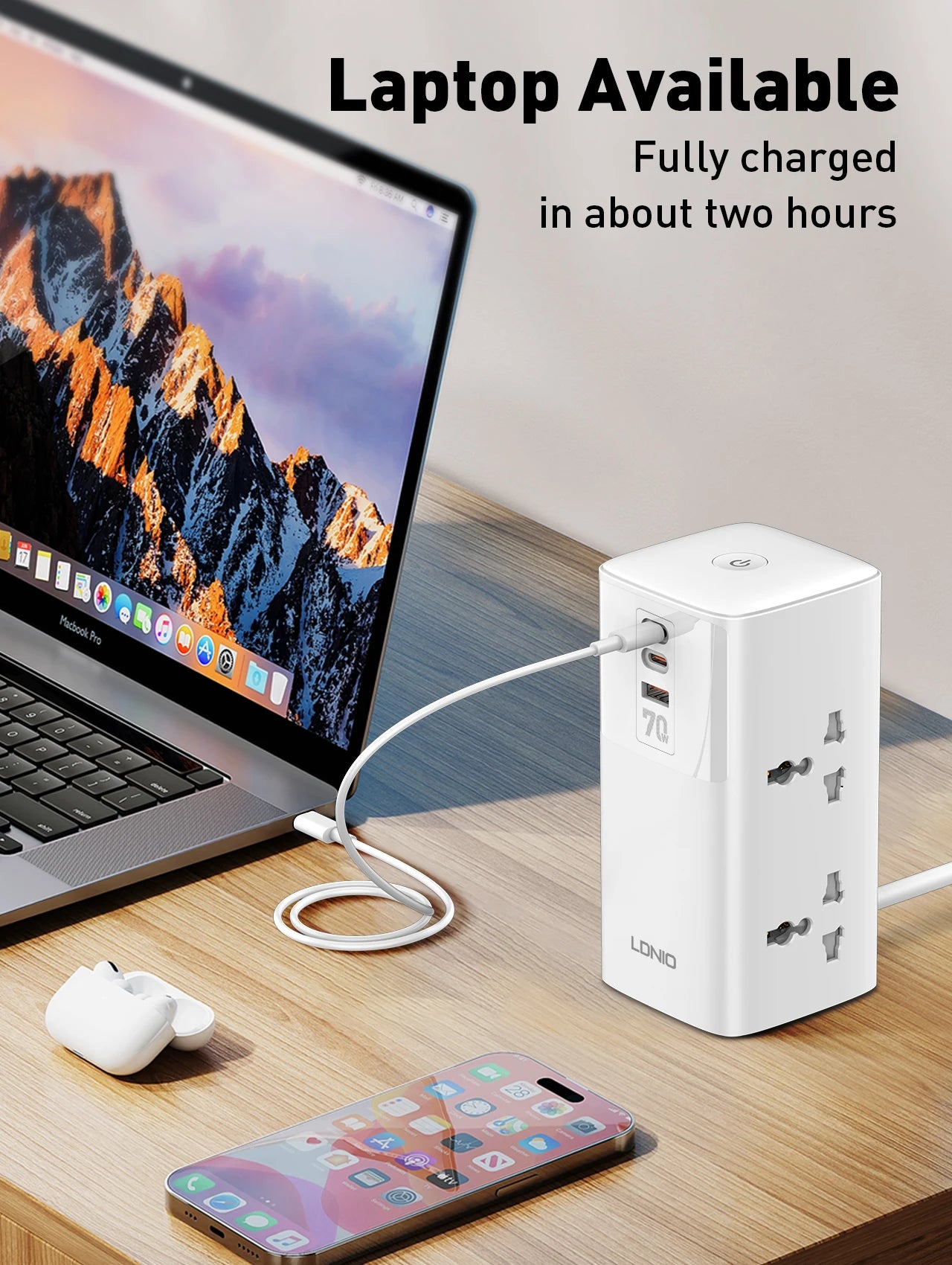LDNIO Tower Power Strip Multi Outlets with 70W Type C 2M Extension Cable EU UK US Plug Vertical Electric Socket Surge Protection