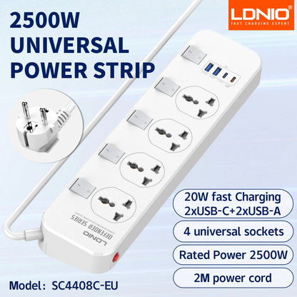 LDNIO USB C Universal Power Strip Multiprise with 6 USB Fast Charging Ports 5 AC Outlets Electrical Socket 2M Extension Cable